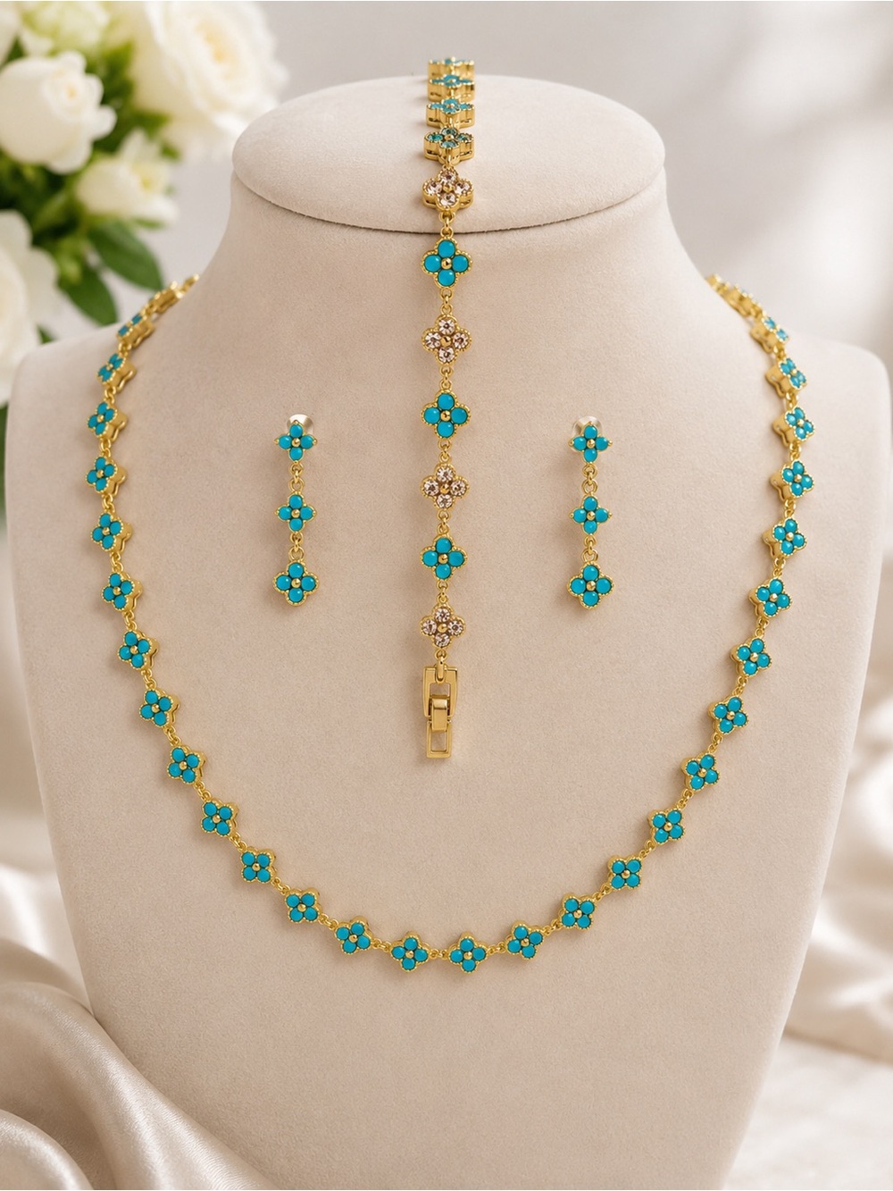 New 14K Gold Plated Turquoise Clover Tennis Set | Necklace, Earrings & Bracelet
